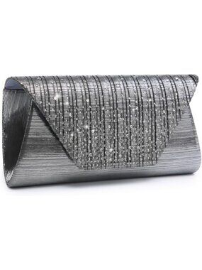 Women’s Grey Clutch Purse With Detachable Chain Wedding Formal Evening Bag